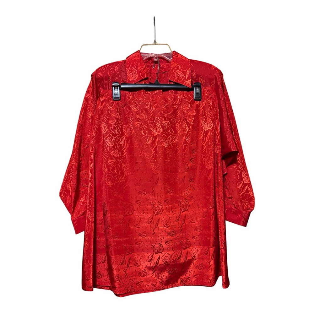 Handmade Red Satin Floral Jacquard Button-Up Blouse and Skirt Set